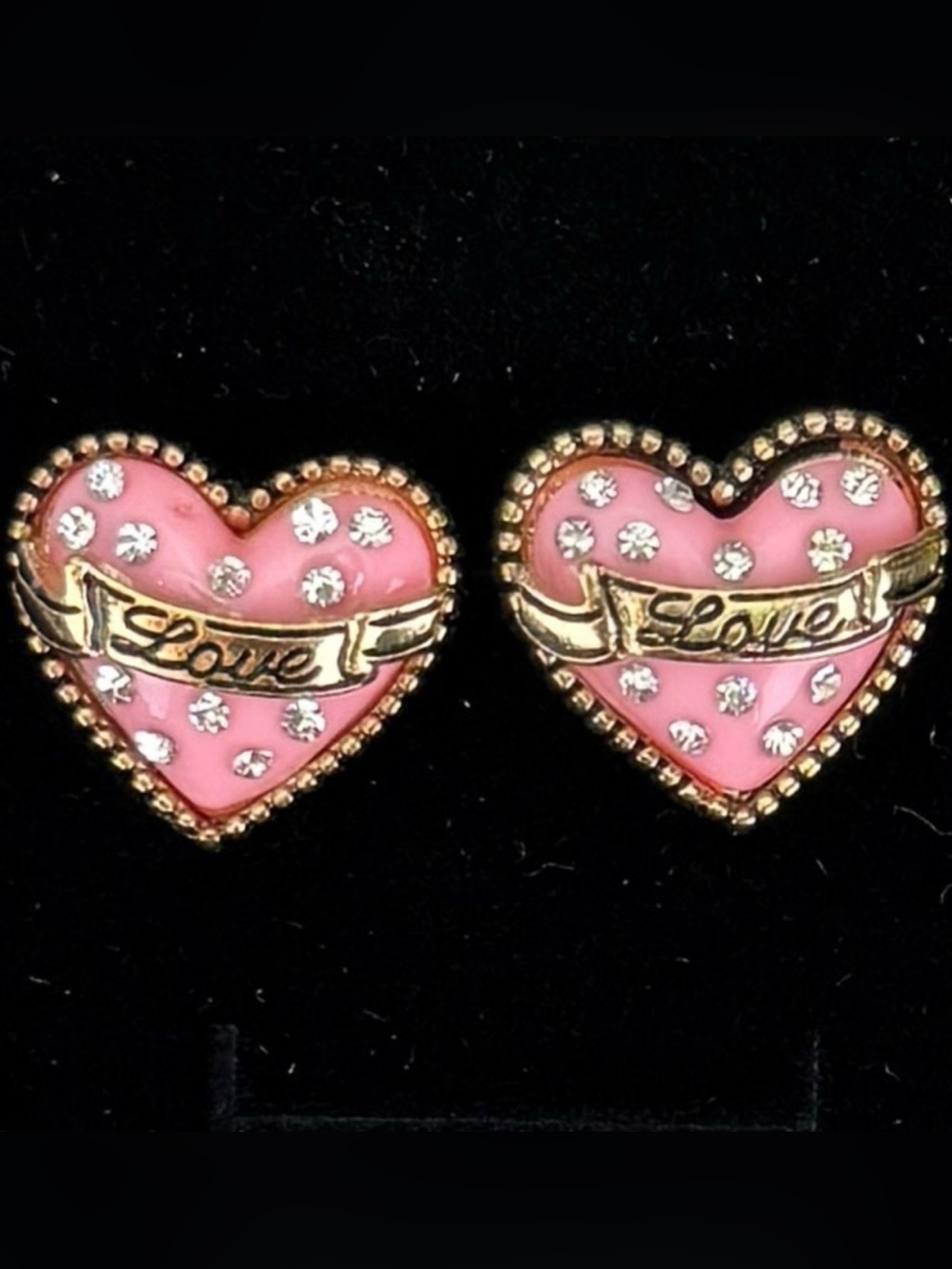 Vintage Goldtone and pink love puff heart pierced earrings